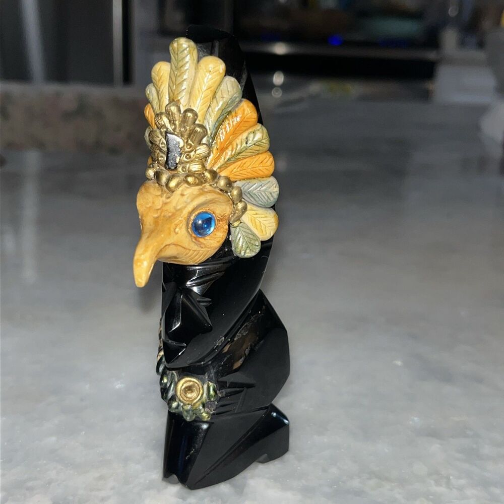 Mexican Obsidian Aztec Eagle Warrior Gemstone Inlay Figurine